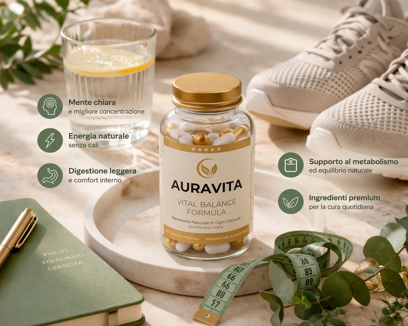 Collage che comunica leggerezza, routine quotidiana, equilibrio intestinale e chiarezza mentale con AuraVita