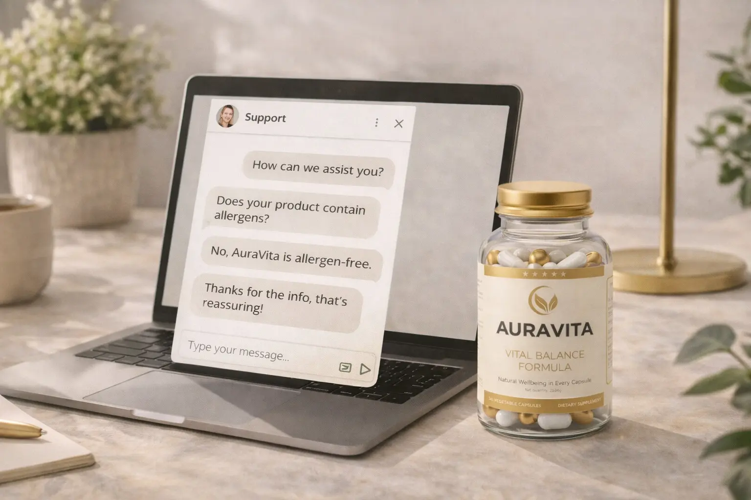 AuraVita con visual dedicato all'assistenza clienti e alle domande frequenti