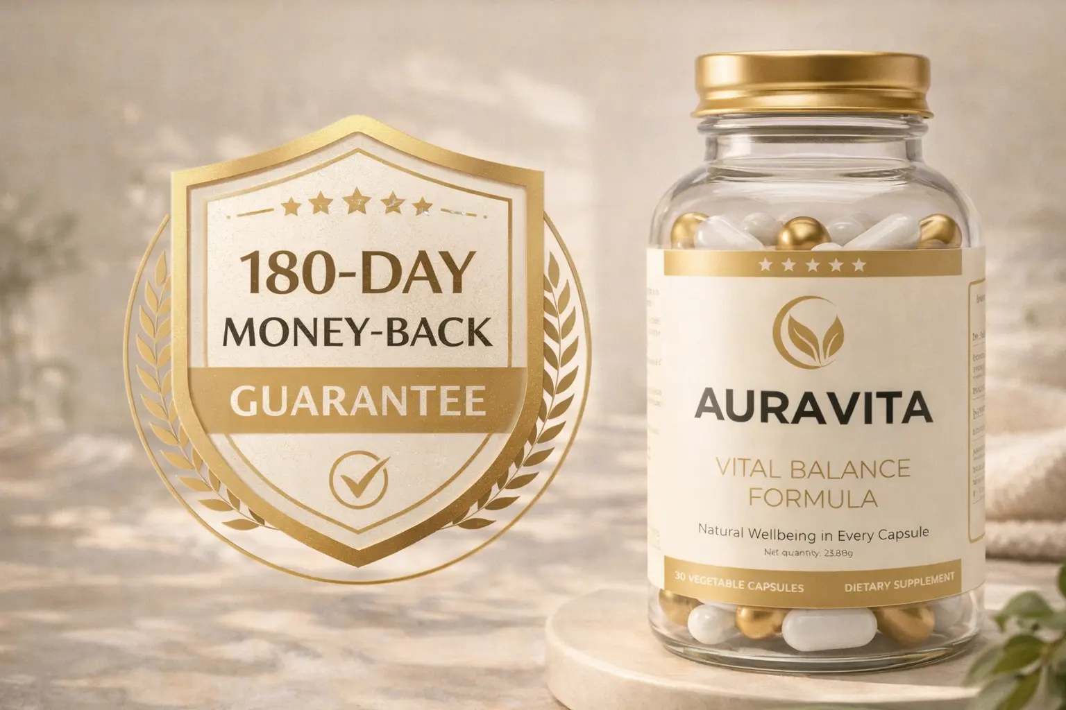 AuraVita con visual della garanzia di rimborso di 180 giorni