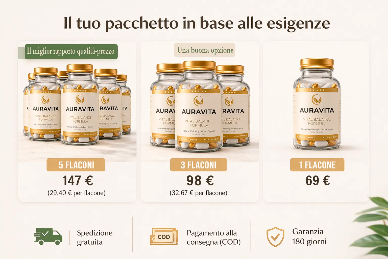 Panoramica delle informazioni chiave su AuraVita: pacchetti, consegna, contrassegno e garanzia