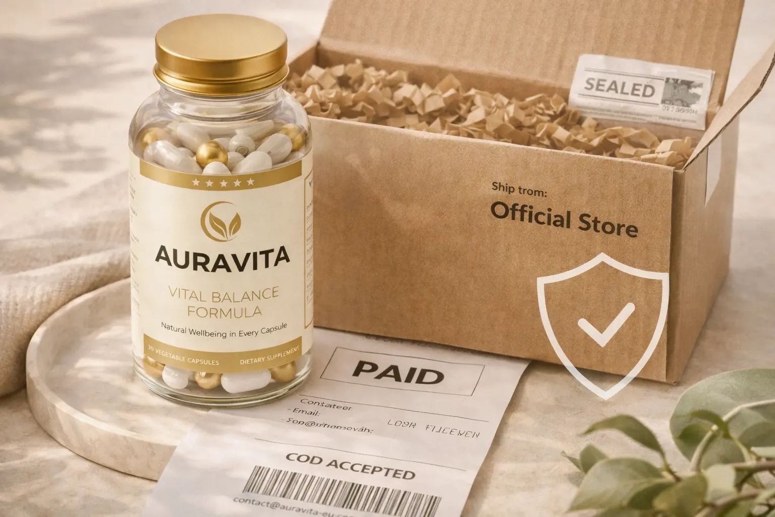 Visual di acquisto sicuro di AuraVita tramite sito ufficiale e pagamento alla consegna