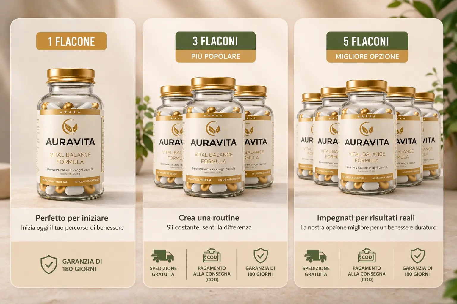 Confronto visivo dei pacchetti AuraVita da 1, 3 e 5 confezioni