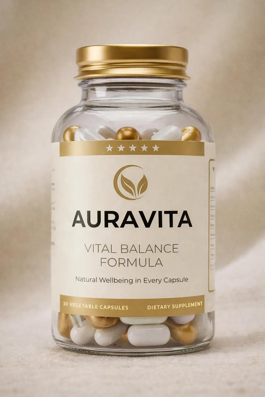 Primo piano del prodotto AuraVita con palette naturale e look premium