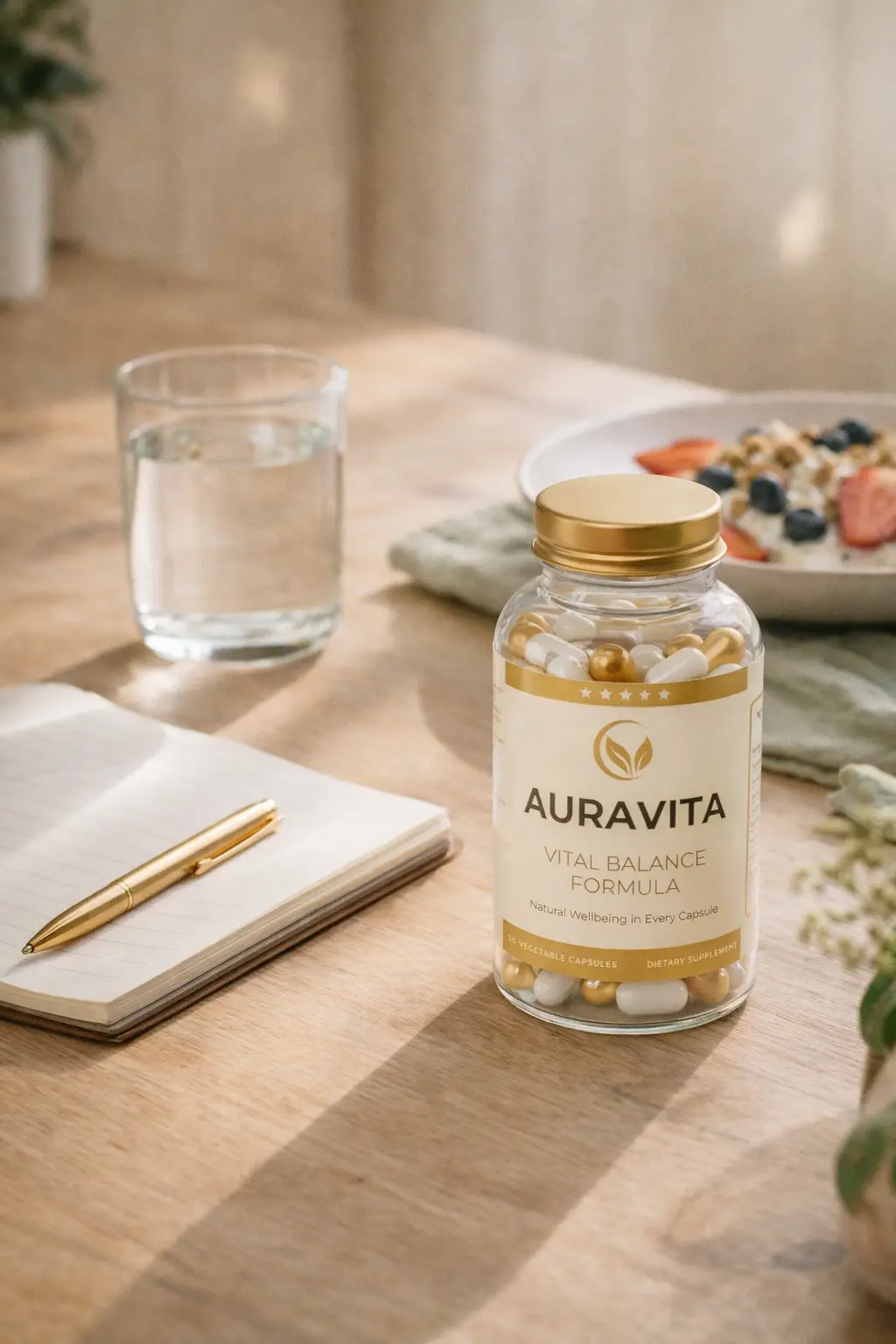 AuraVita inserito in una routine mattutina semplice con acqua, colazione leggera e ordine mentale